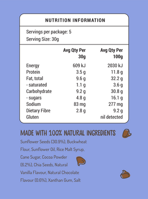 Fodbods Dark Chocolate crunchy sunflower seed bite ingredients and nutritional panel.  