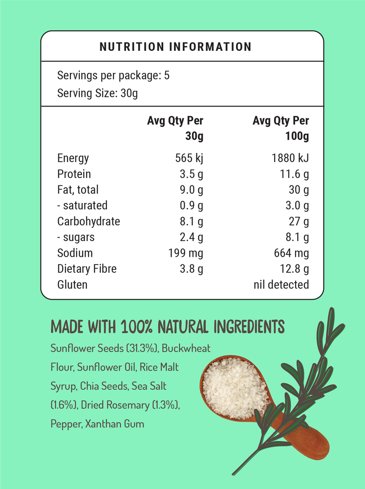 Fodbods Rosemary & Sea Salt crunchy sunflower seed bite ingredients and nutritional panel. 