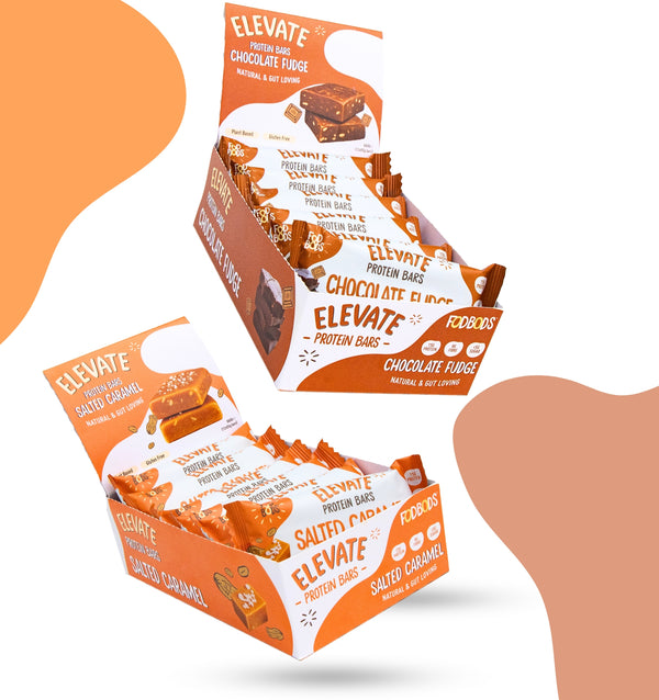 Fodbods Elevate protein bars packaging with chocolate fudge and salted caramel flavors on a white background. 