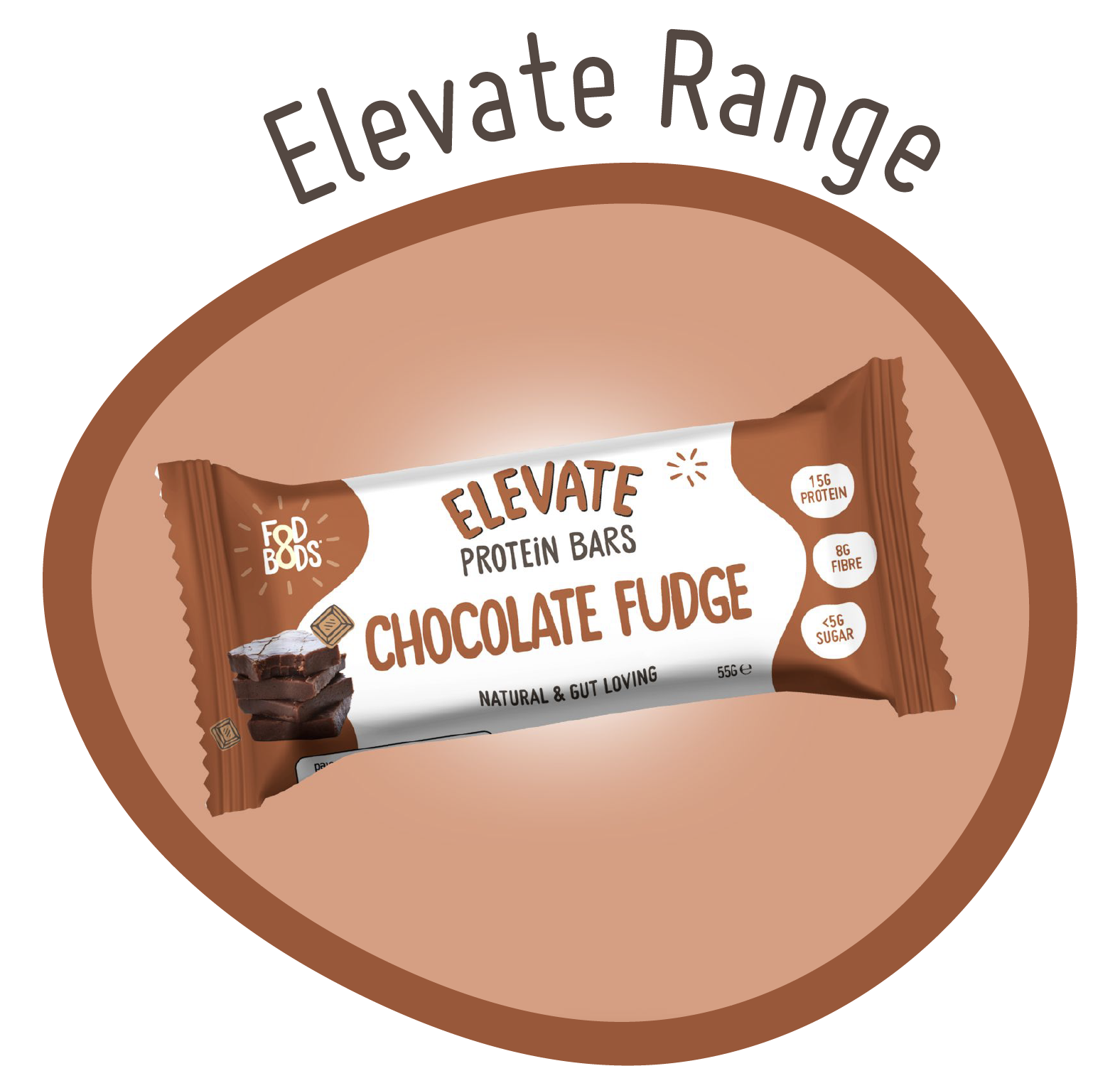 Elevate Protein Bars Chocolate Fudge flavor on a brown background with 'Elevate Range' text. 