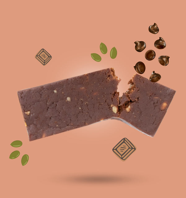 Nutrition information and ingredients label on a brown background with chocolate bars and ingredients.