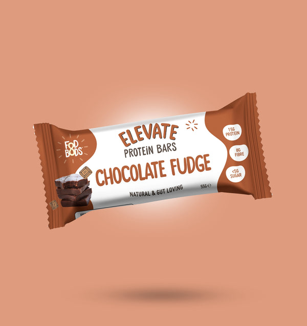 Fodbods Elevate Protein Bars Chocolate Fudge flavor on a peach background