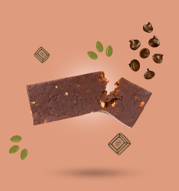 Nutrition information and ingredients label on a brown background with chocolate bars and ingredients.