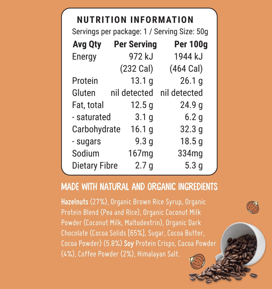 Hazelnut Mocha Protein Bar Nutritional Panel 