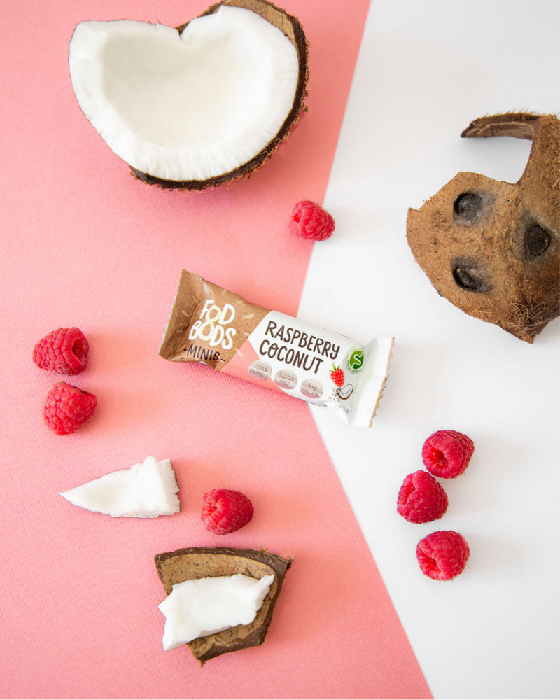Fodbods Raspberry Coconut low FODMAP snack bar. Natural, vegan, gluten-free, high protein.
