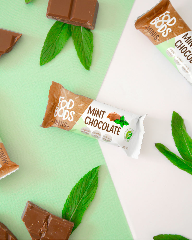 Fodbods Mint Chocolate low FODMAP snack bar. Natural, vegan, gluten-free, high protein.