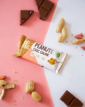 Fodbods Peanut Choc Chunk low FODMAP snack bar. Natural, vegan, gluten-free, high protein.