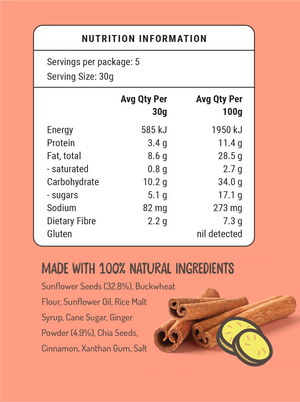 Fodbods Ginger & Spice crunchy sunflower seed bite ingredients and nutritional panel.   