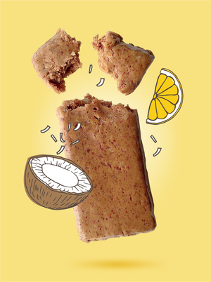 Fodbods Lemon and Coconut low FODMAP snack bar. Natural, vegan, gluten-free, high protein.